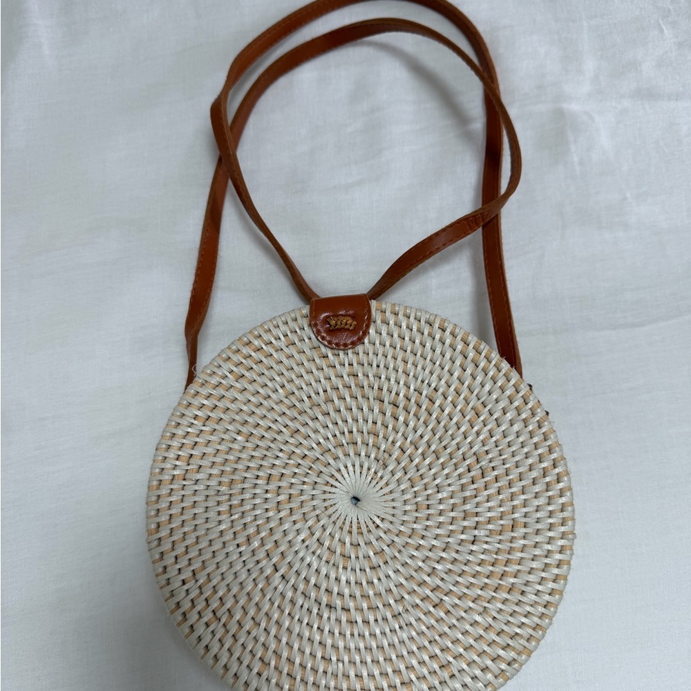 Round Woven Crossbody Bag with Tan Leather Strap